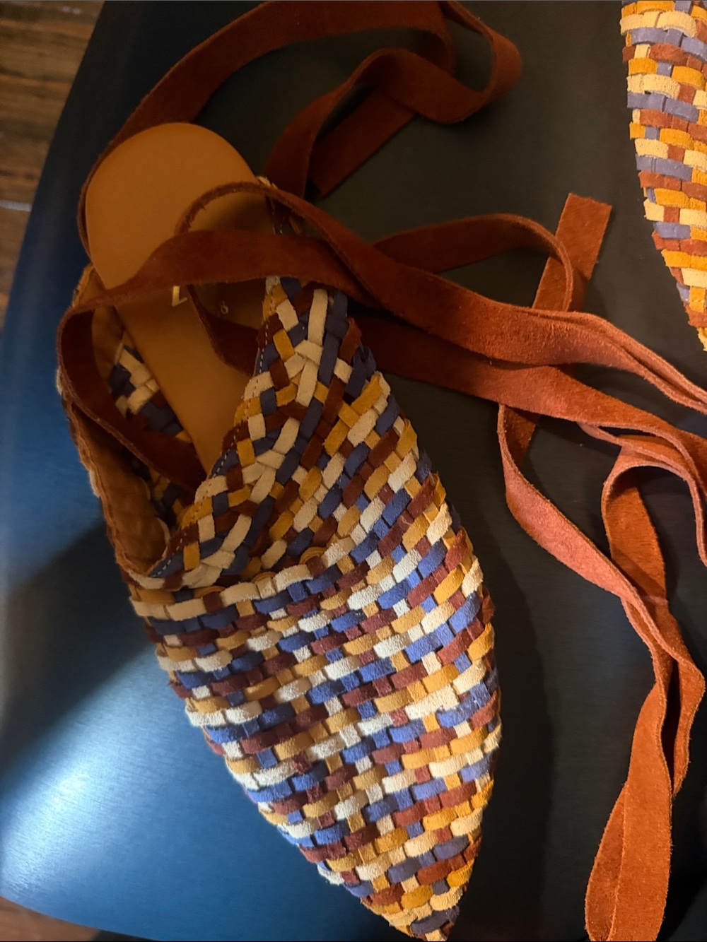 Zara Multicolor Woven Pointed Lace-Up Flats in Rust, Navy & Cream